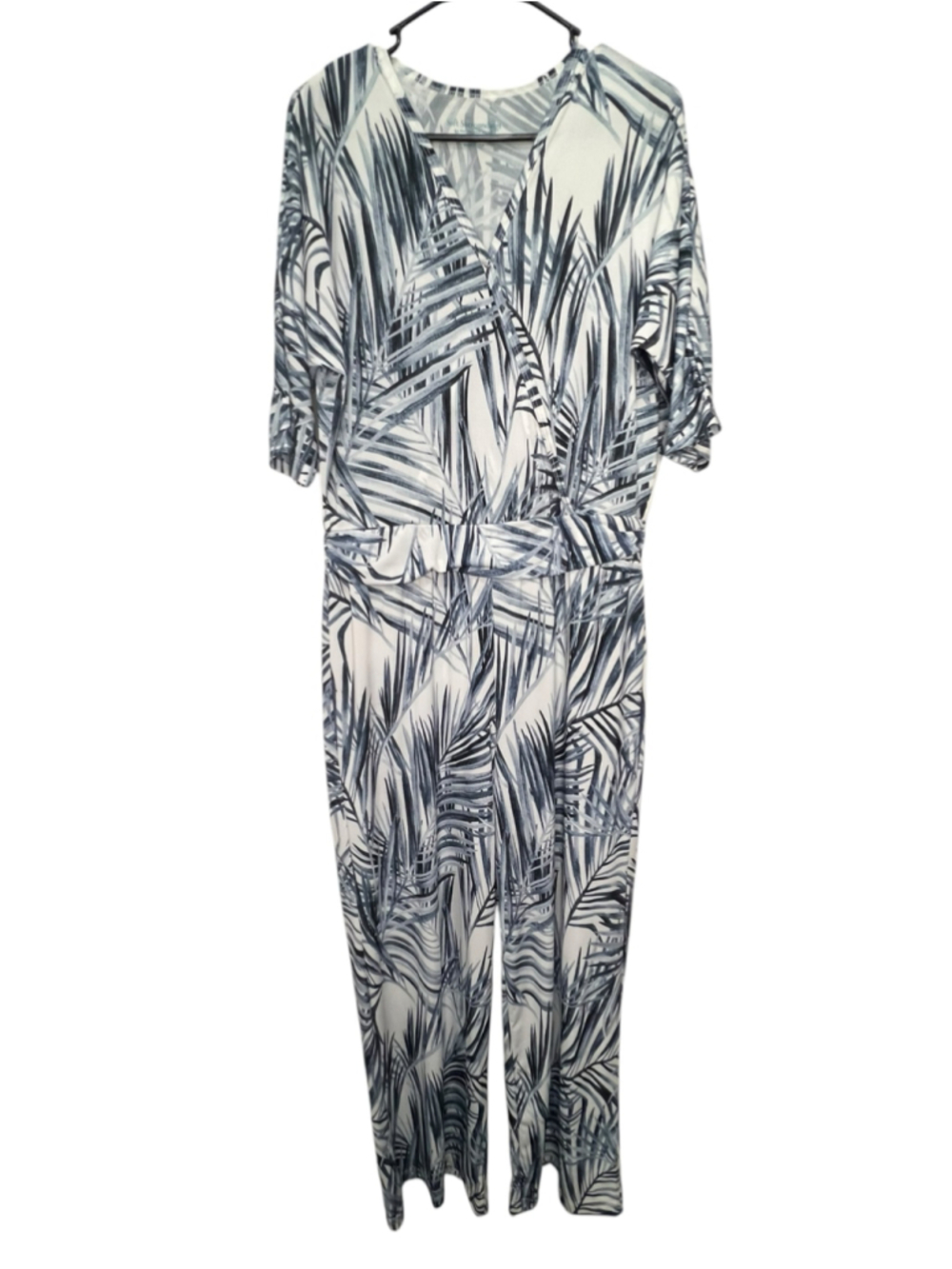 Soft Surroundings White And Blue Palm Print Short Sleeve Belted Jumpsuit